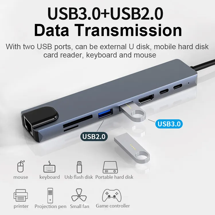 8 in 1 USB C Hub Multi-Function Adapter for Macbook 4K HDTV Docking Station with USB 3.0 Charging Capability Phone Laptop Use